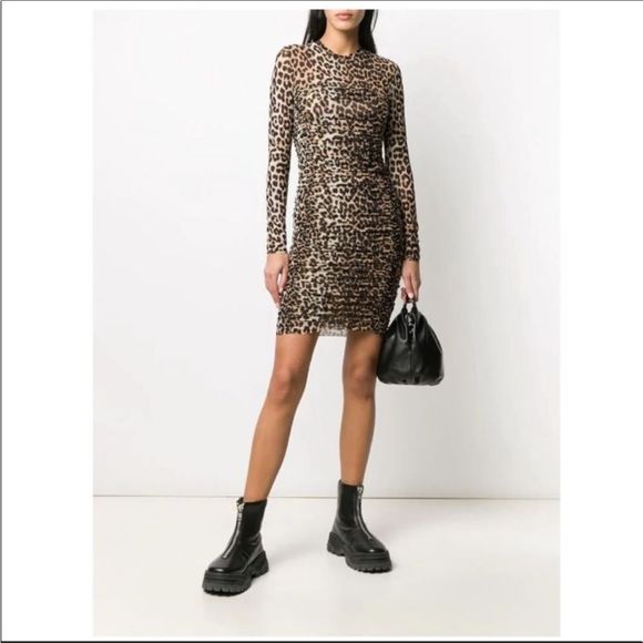 GANNI Leopard Ruched Mesh Dress 36 - Picture 5 of 8